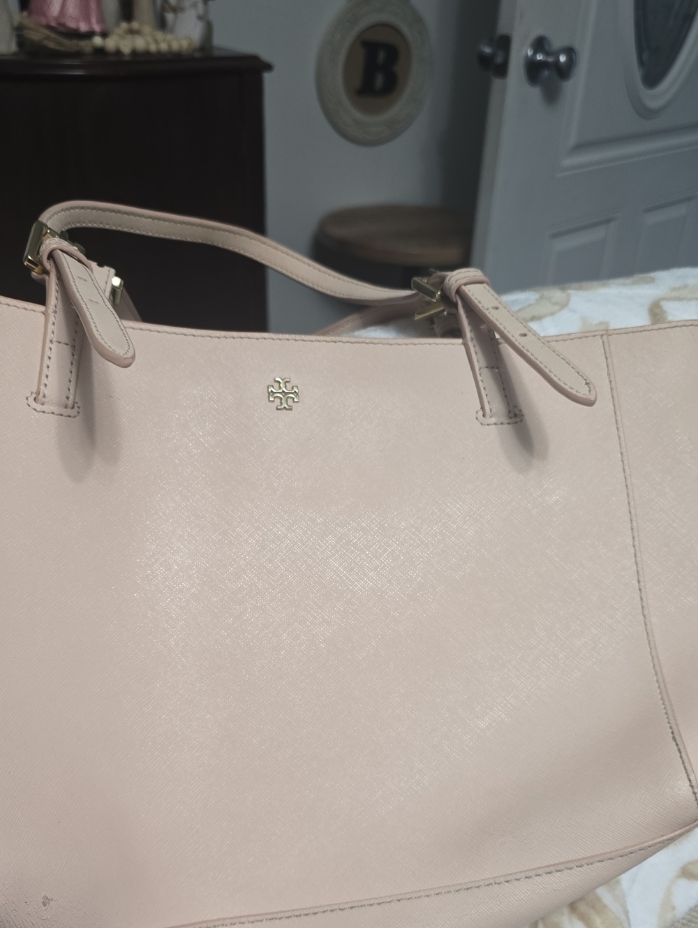 Tory Burch Pale Pink Saffiano Leather Tote with Gold Logo